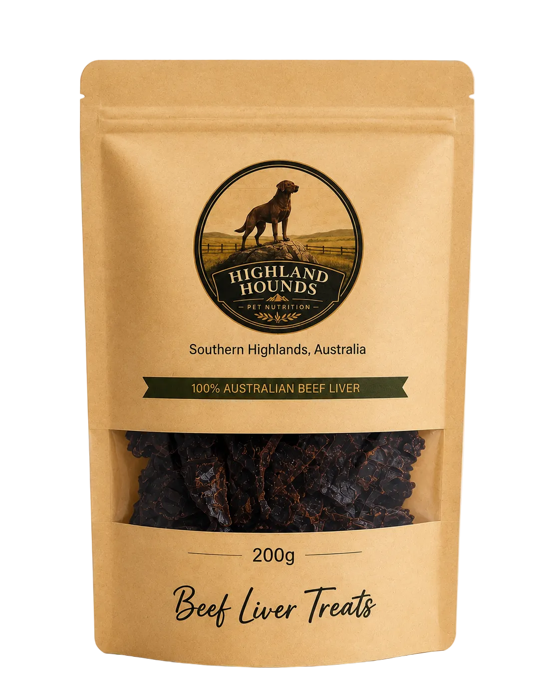 A 200g stand-up pouch of Highland Hounds Beef Liver Treats for dogs. 
