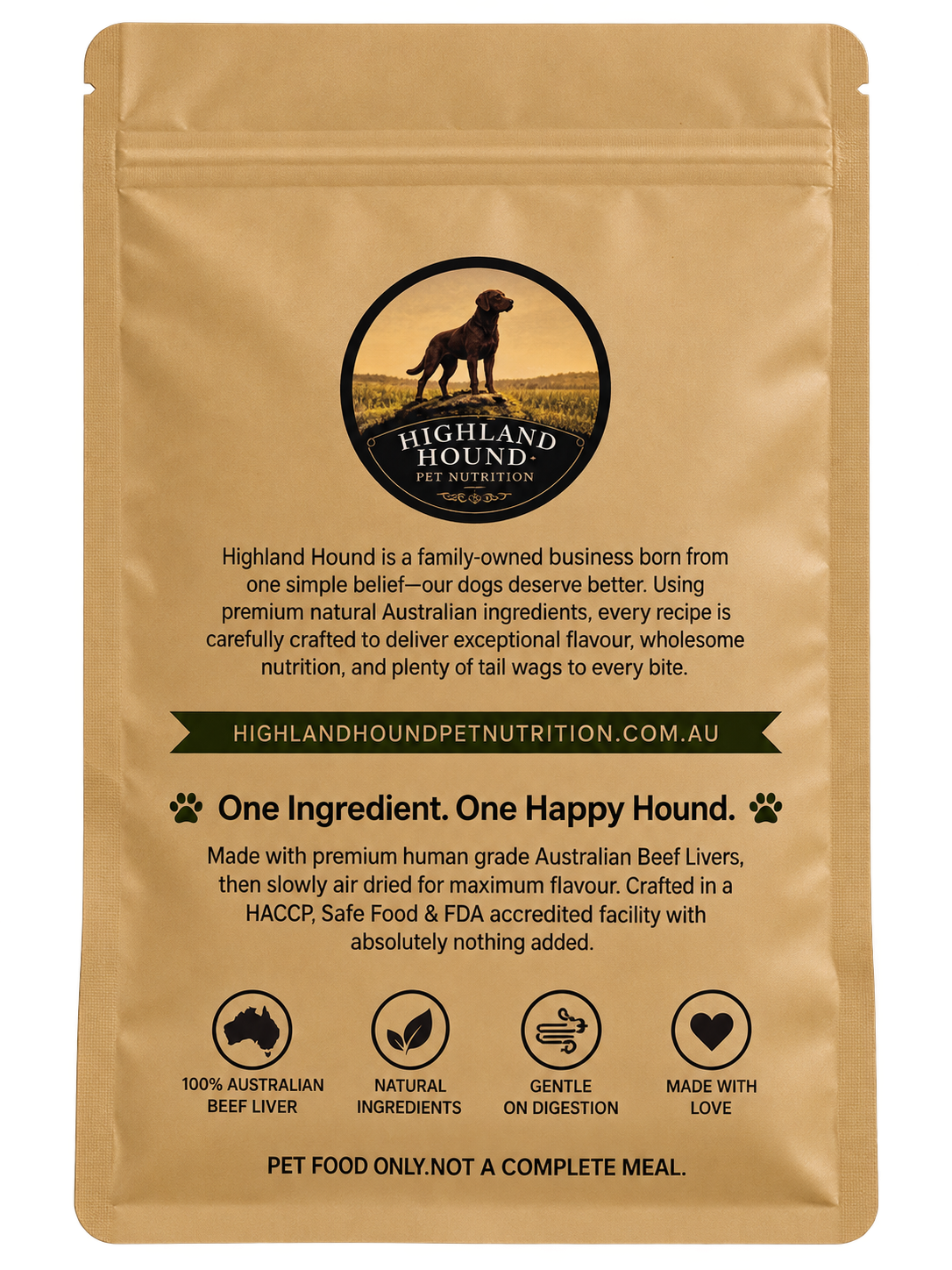 Back of the pouch of Highland Hound Pet Nutrition air dried beef liver treats for dogs.