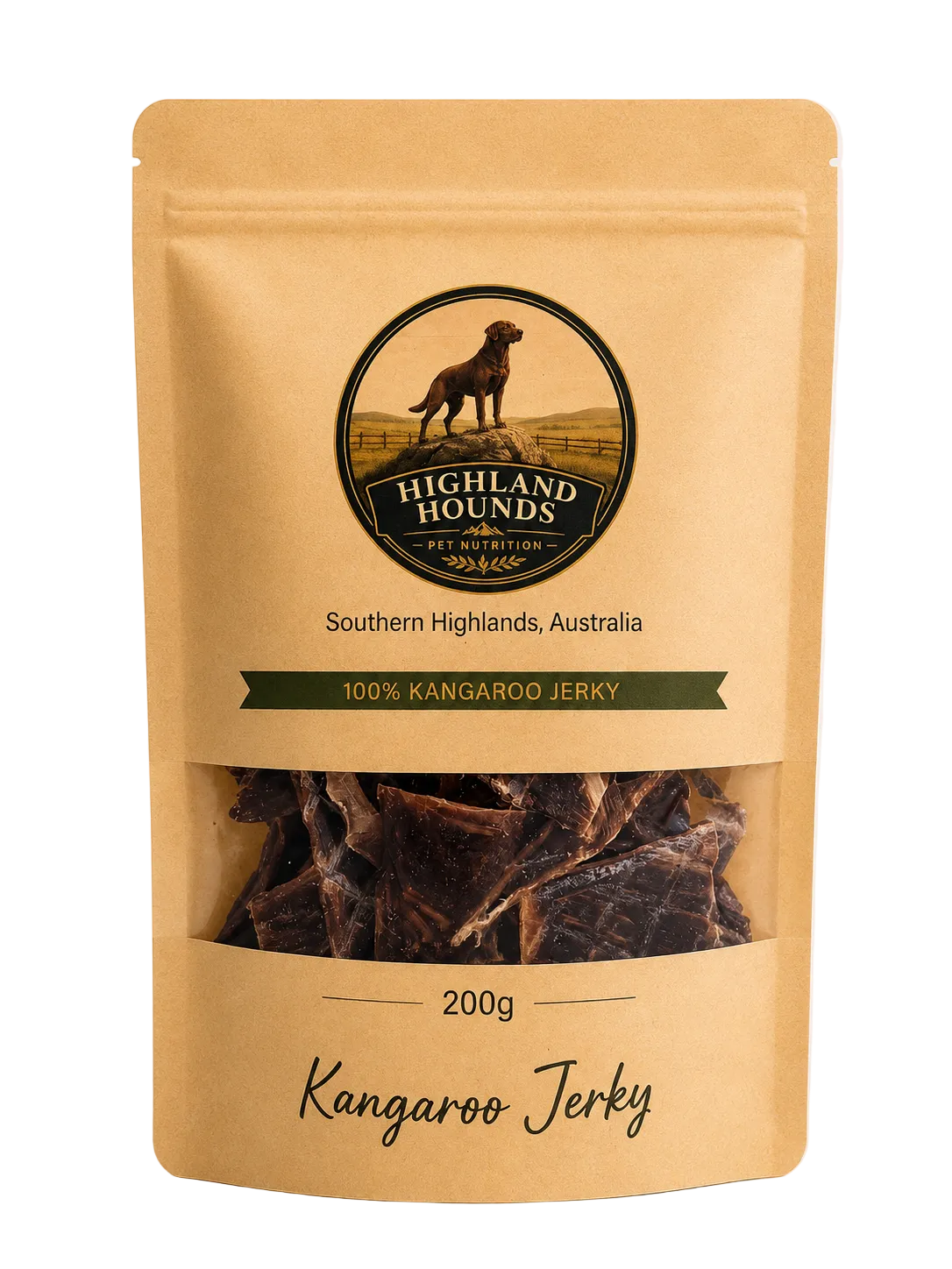 A 200g stand-up pouch of Highland Hounds Kangaroo Jerky dog treats, made from natural brown kraft paper with a clear window showing the jerky inside.