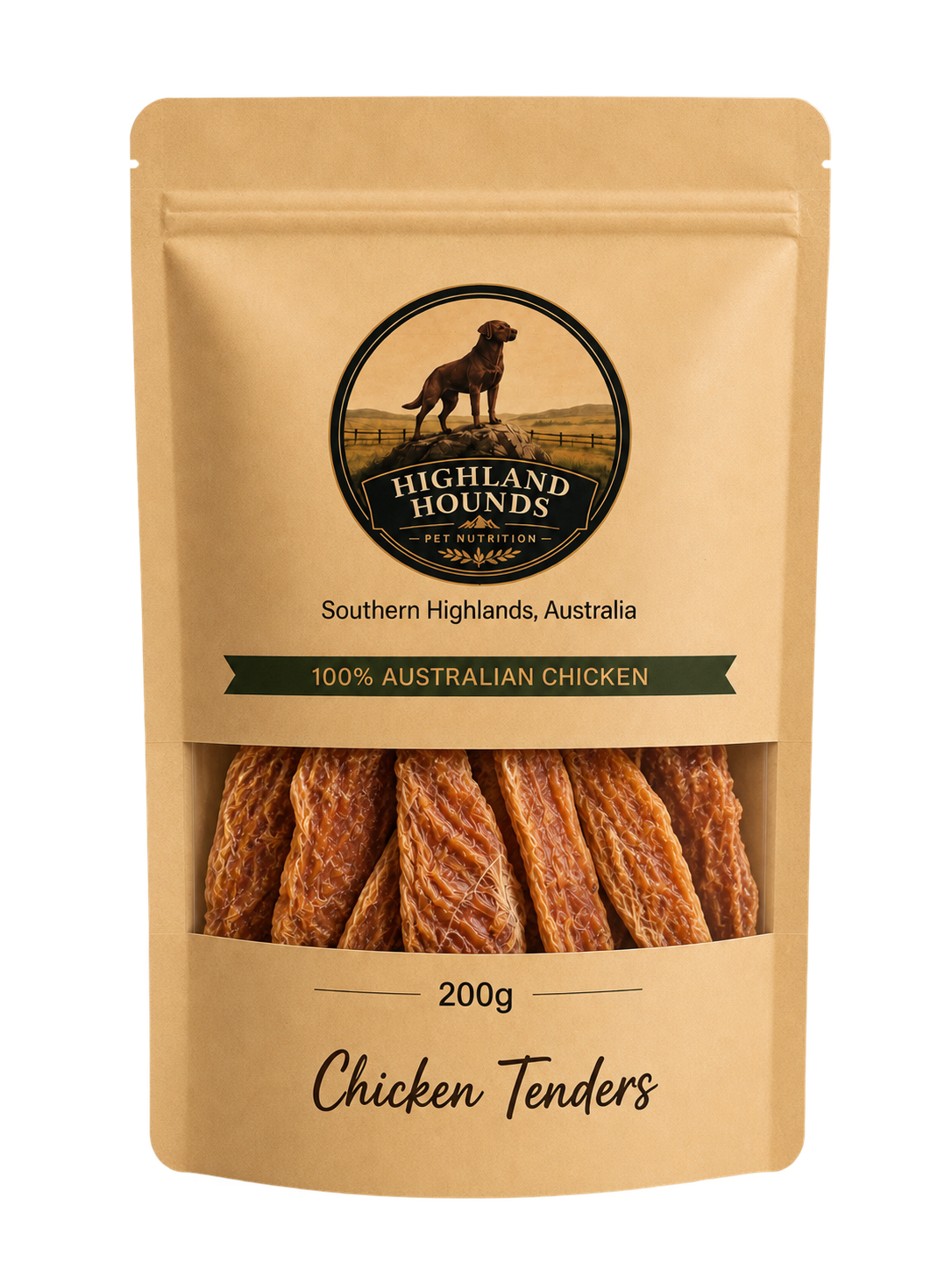 A 200g stand-up pouch of Highland Hounds Pet Nutrition Chicken Tenders dog treats, featuring a kraft paper design with a clear window showing the brown chicken tenders inside.