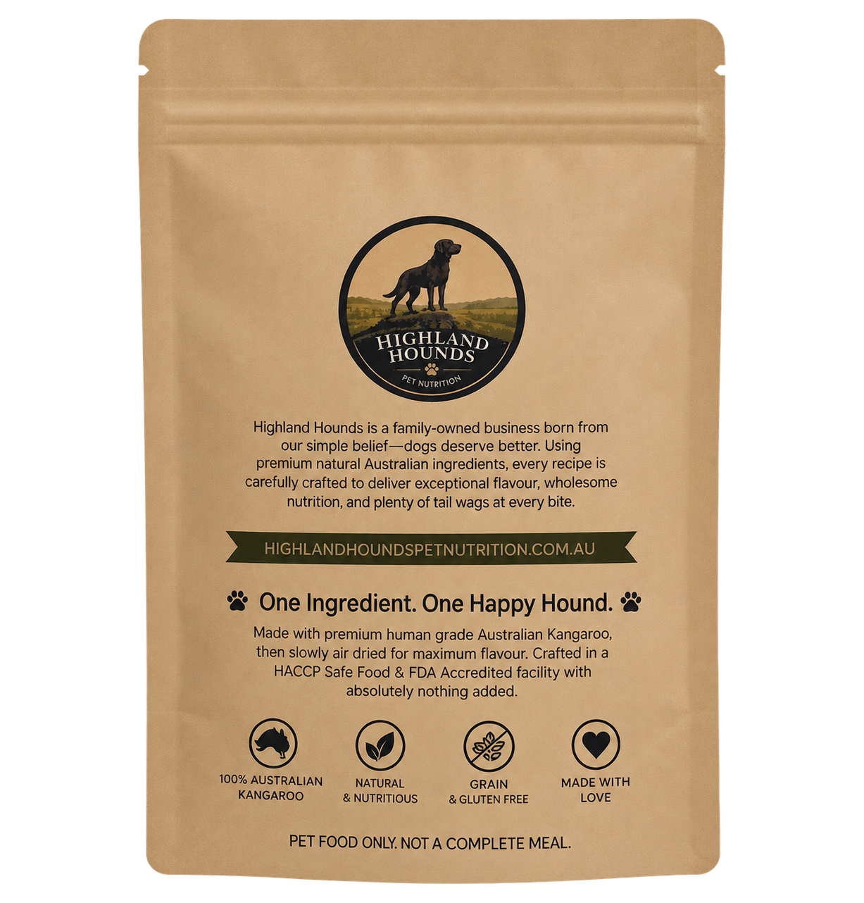 Back of the pouch of Highland Hounds kangaroo jerky dog treats, showing the Highland Hounds logo, product description, ingredient information, and several feature icons including '100% Australian Kangaroo', 'Natural & Nutritious', 'Grain & Gluten Free', and 'Made with Love'.